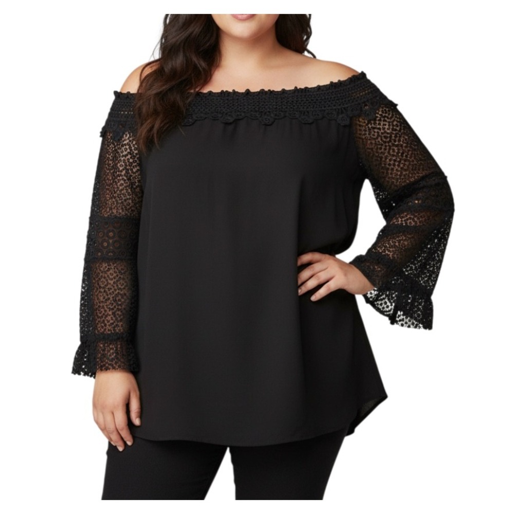 DENIM 24/7 Black SILKY SATIN Off-The-Shoulder CROCHET SLEEVE Blouse/Top Sz 30W